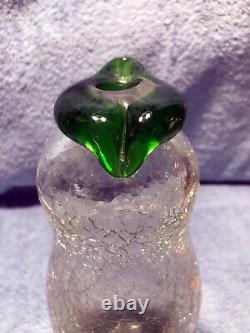 VTG Mid Century Mod Hand Blown Crackle Glass Decanter Clear with Green Lip 1960's