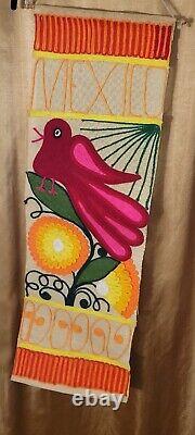 VTG Mid Century Modern Burlap Yarn Banner Wall Hanging 11 x 34 Bird/Flower