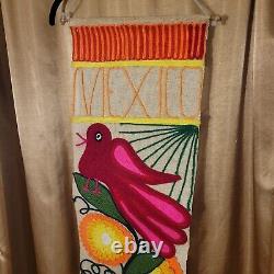 VTG Mid Century Modern Burlap Yarn Banner Wall Hanging 11 x 34 Bird/Flower