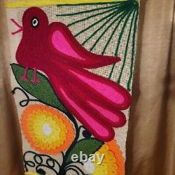 VTG Mid Century Modern Burlap Yarn Banner Wall Hanging 11 x 34 Bird/Flower