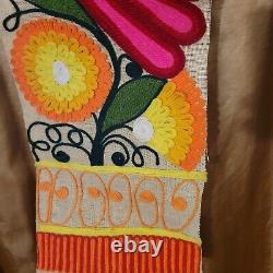 VTG Mid Century Modern Burlap Yarn Banner Wall Hanging 11 x 34 Bird/Flower