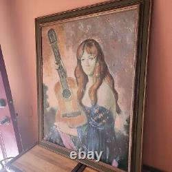 VTG Mid Century Original Painting signed Girl with Guitar SIGNED & FRAMED Beauty