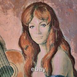 VTG Mid Century Original Painting signed Girl with Guitar SIGNED & FRAMED Beauty