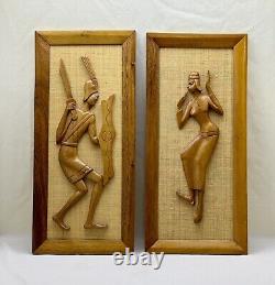 VTG Mid-Century Wood Carvings On Jute/Burlap Tribal Man & Woman Framed