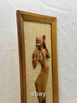 VTG Mid-Century Wood Carvings On Jute/Burlap Tribal Man & Woman Framed