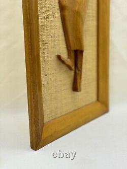 VTG Mid-Century Wood Carvings On Jute/Burlap Tribal Man & Woman Framed