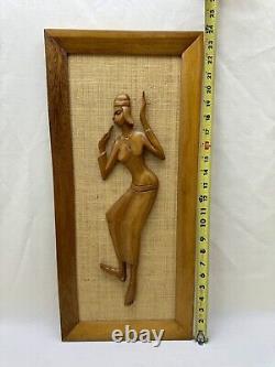 VTG Mid-Century Wood Carvings On Jute/Burlap Tribal Man & Woman Framed