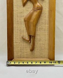 VTG Mid-Century Wood Carvings On Jute/Burlap Tribal Man & Woman Framed