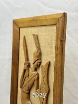 VTG Mid-Century Wood Carvings On Jute/Burlap Tribal Man & Woman Framed