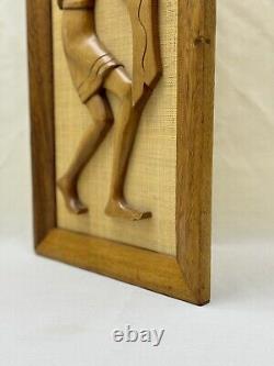 VTG Mid-Century Wood Carvings On Jute/Burlap Tribal Man & Woman Framed