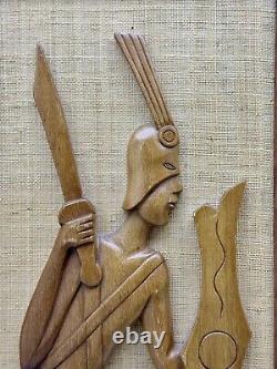 VTG Mid-Century Wood Carvings On Jute/Burlap Tribal Man & Woman Framed