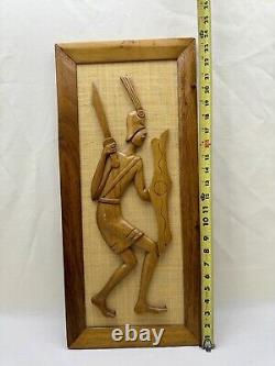 VTG Mid-Century Wood Carvings On Jute/Burlap Tribal Man & Woman Framed