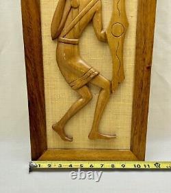 VTG Mid-Century Wood Carvings On Jute/Burlap Tribal Man & Woman Framed