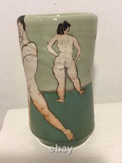 Vintage 6.75 Signed AB Naked Men Women ART POTTERY VASE Mid Century Modern Art