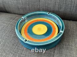 Vintage 7.5 Mid Century Modern MCM Pottery Ashtray Blue / Orange / Yellow