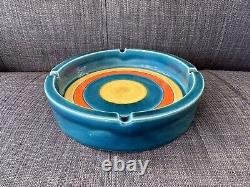 Vintage 7.5 Mid Century Modern MCM Pottery Ashtray Blue / Orange / Yellow