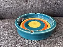 Vintage 7.5 Mid Century Modern MCM Pottery Ashtray Blue / Orange / Yellow