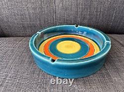 Vintage 7.5 Mid Century Modern MCM Pottery Ashtray Blue / Orange / Yellow