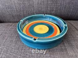 Vintage 7.5 Mid Century Modern MCM Pottery Ashtray Blue / Orange / Yellow