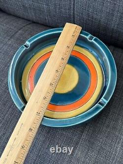 Vintage 7.5 Mid Century Modern MCM Pottery Ashtray Blue / Orange / Yellow