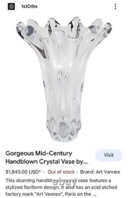 Vintage Art Vannes French Mid Century Crystal Large Splash Vase 15 x 12 NICE