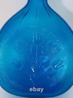 Vintage Design Mid Century Blue Art Glass Vase Tall Neck With Flower Pattern