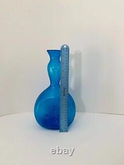 Vintage Design Mid Century Blue Art Glass Vase Tall Neck With Flower Pattern