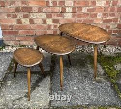 Vintage Ercol Pebble Nest Of Tables X3 Wood Blue Label 60s 70s Mid Century