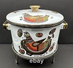 Vintage Georges Briard Enamel Stock Pot With Stand Mid-Century Birds Mushrooms