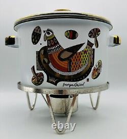 Vintage Georges Briard Enamel Stock Pot With Stand Mid-Century Birds Mushrooms