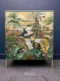 Vintage Hand Painted And Professionally Decoupaged Mid Century 5 Drawer Chest