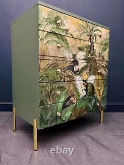 Vintage Hand Painted And Professionally Decoupaged Mid Century 5 Drawer Chest