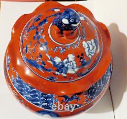 Vintage Mid 20th Century Chinese Hand Painted Porcelain Vase With Food Dog Lid