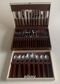 Vintage Mid Century 1960s Glosswood Canteen Cutlery 44 Stainless Steel Teak Wood