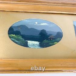 Vintage Mid Century Modern Asian Triptych Painting Night Day Scene Boat Nautical