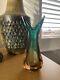Vintage Mid Century Murano Sommerso Green & Amber Glass Vase 20cm