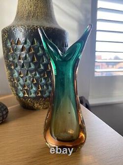 Vintage Mid Century Murano Sommerso Green & Amber Glass Vase 20cm