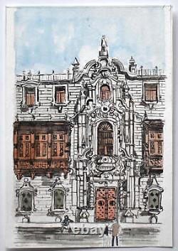 Vintage Mid-Century Signed Architectural Watercolor Painting of Ornate Building