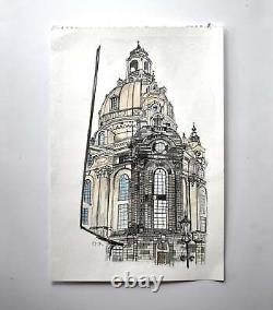 Vintage Mid-Century Signed Architectural Watercolor Painting of a Rotunda Roof