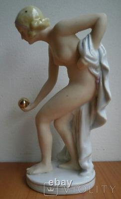 Vintage Sculpture Figurine Girl Ball Statue Germany Porcelain Sign Rare Old 20th