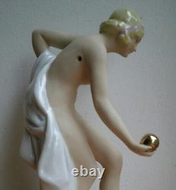 Vintage Sculpture Figurine Girl Ball Statue Germany Porcelain Sign Rare Old 20th