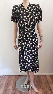 Vtg 1940s 40s Rayon Day Dress Birds Novelty Print Mid Century sz 10 EUC