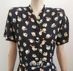 Vtg 1940s 40s Rayon Day Dress Birds Novelty Print Mid Century sz 10 EUC