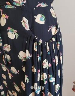 Vtg 1940s 40s Rayon Day Dress Birds Novelty Print Mid Century sz 10 EUC