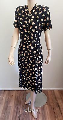 Vtg 1940s 40s Rayon Day Dress Birds Novelty Print Mid Century sz 10 EUC