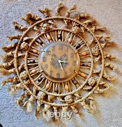 Vtg 70's MID Century 27 Handcrafted Jute Boho Macrame Working Clock Wall Art