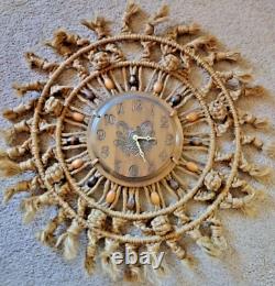 Vtg 70's MID Century 27 Handcrafted Jute Boho Macrame Working Clock Wall Art