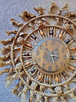 Vtg 70's MID Century 27 Handcrafted Jute Boho Macrame Working Clock Wall Art