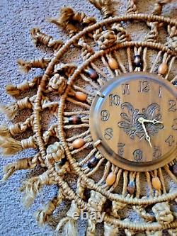 Vtg 70's MID Century 27 Handcrafted Jute Boho Macrame Working Clock Wall Art