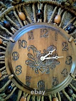 Vtg 70's MID Century 27 Handcrafted Jute Boho Macrame Working Clock Wall Art